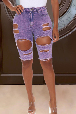 purple Purple Broken Holes Skinny Distressed Ripped Denim Shorts