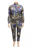 Blue Sexy adult Fashion Casual O Neck Two Piece Suits Zippered Print