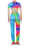 colour Fashion Sexy adult Ma'am Patchwork Print backless Two Piece Suits pencil Short Sleeve Two Pieces