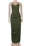 Green Fashion Sexy adult Ma'am Spaghetti Strap Sleeveless Slip Hip skirt Ankle-Length Solid Dresses