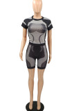 Black Fashion adult Ma'am Street Geometric Patchwork Print Two Piece Suits pencil Short Sleeve Two Pieces