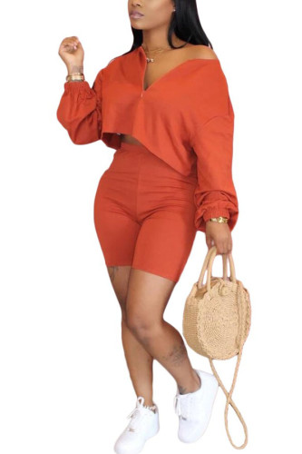 Orange Fashion adult Ma'am Street O Neck Solid Two Piece Suits Stitching Plus Size