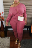 ピンクのファッションセクシーな大人の奥様ソリッドツーピーススーツステッチOネックプラスサイズ