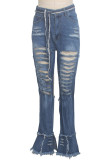 Pantalon en denim bleu avec braguette boutonnée sans manches, trou haut, couleur unie, patchwork, coupe botte