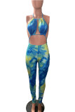 Sky Blue Fashion Casual Tie-dyed Backless Milk. Mouwloze jumpsuits met hangende hals