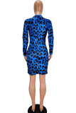 Mini abiti leopardati con stampa a maniche lunghe blu casual a maniche lunghe