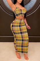 Yellow Polyester Sexy Plaid Print pencil Sleeveless Two Pieces