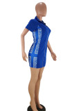 Синие повседневные короткие рукава с воротником-стойкой Ступенчатая юбка Мини-платья с принтом в стиле пэчворк