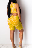 Yellow Fashion Sexy adult Ma'am Patchwork Print Two Piece Suits pencil Sleeveless Two Pieces