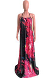 Red Fashion Sexy Off The Shoulder Spaghetti Strap Sleeveless Slip A-Line Floor-Length Print Patchwork C