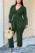 Green Fashion Sexy Solid Long Sleeve V Neck Jumpsuits