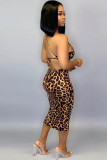 Imprimé léopard Sexy épaules dénudées sans manches col rond jupe mi-mollet imprimé évider léopard