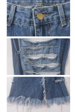 Blue Denim Button Fly Sleeveless High Hole Solid Patchwork Boot Cut Pants Pants