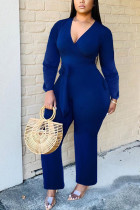 Blue Fashion Sexy Solid Long Sleeve V Neck Jumpsuits