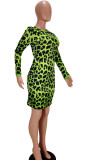 Abiti leopardati con stampa mini gonna a maniche lunghe casual verdi
