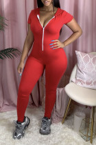 Roter, lässiger, einfarbiger, kurzärmliger Jumpsuit mit V-Ausschnitt aus Mischgewebe mit Reißverschluss