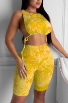Yellow Fashion Sexy adult Ma'am Patchwork Print Two Piece Suits pencil Sleeveless Two Pieces
