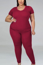 Wine Red Fashion Casual adult Ma'am O Neck Solid Two Piece Suits Plus Size