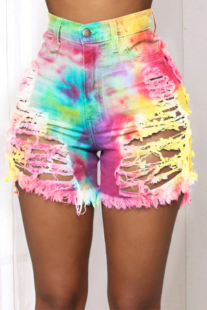 Green and yellow rose red and blue Green and yellow Hollow-out Broken Holes Raw Hem Distressed Denim Shorts