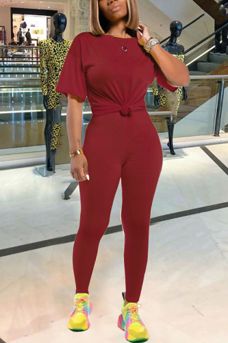 Wine Red Fashion Casual adult Ma'am Solid Two Piece Suits pencil Short Sleeve Two Pieces