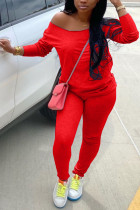 Красный молочный шелк Модный активный взрослый мэм однотонный костюм из двух предметов прямой с длинным рукавом из двух предметов