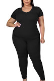 Black Fashion Casual adult Ma'am O Neck Solid Two Piece Suits Plus Size
