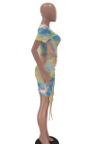 многоцветная сексуальная юбка с короткими рукавами и круглым вырезом, мини-платья с принтом, драпированные платья с галстуком и краской