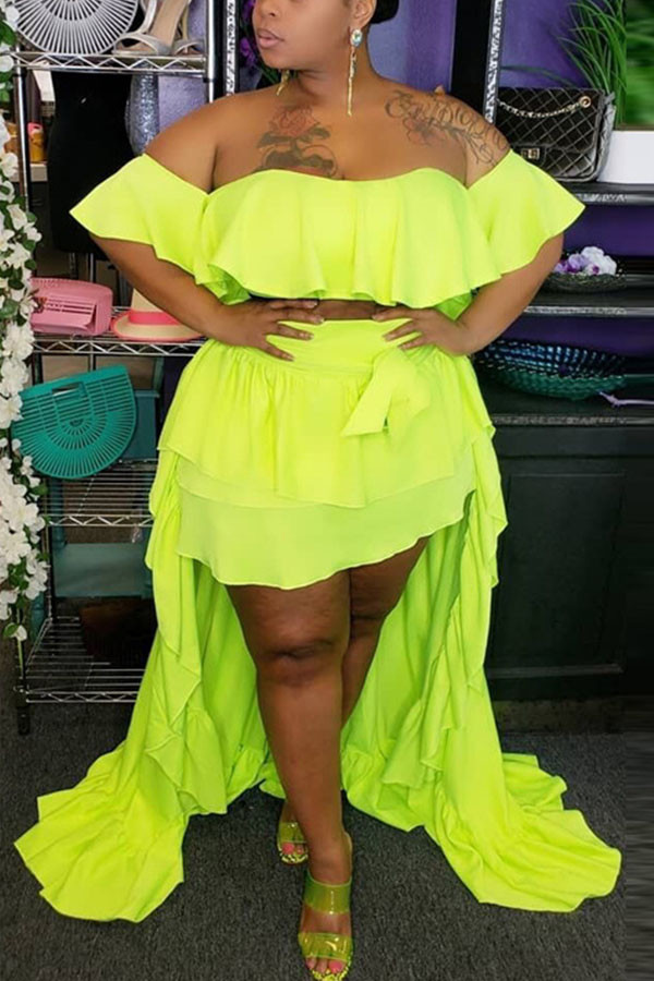 Green and yellow Fashion Sexy adult Ma'am One word collar Solid ruffle Two Piece Suits Stitching Plus Size