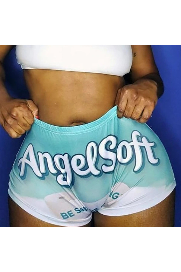 Pantalones cortos rectos con estampado de letras bajas con mosca elástica azul claro