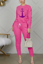 Roze Venetiaanse Mode Casual volwassen Mevrouw Patchwork Print Tweedelige Pakken Potlood Lange Mouw Twee Stukken