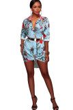 Blue Sexy Shirt sleeves Long Sleeves Turndown Collar Step Skirt Knee-Length Patchwork Print