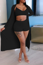 Black Casual Solid backless pencil Long Sleeve Two Pieces
