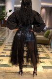 Vestido informal negro de malla sólida sin cinturón con cuello mandarín irregular vestidos de talla grande