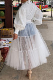 Witte casual patchwork effen mesh zonder riem mandarijn kraag onregelmatige jurk plus size jurken