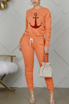 Oranje Venetiaanse Mode Casual volwassen Mevrouw Patchwork Print Tweedelige Pakken Potlood Lange Mouw Twee Stukken