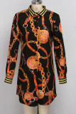Оранжевая сексуальная рубашка с длинными рукавами и отложным воротником Пошаговая юбка длиной до колена в стиле пэчворк с принтом