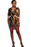 Black Sexy Shirt sleeves Long Sleeves Turndown Collar Step Skirt Knee-Length Patchwork Print