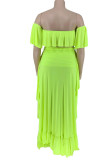 Green and yellow Fashion Sexy adult Ma'am One word collar Solid ruffle Two Piece Suits Stitching Plus Size