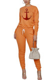 Oranje Venetiaanse Mode Casual volwassen Mevrouw Patchwork Print Tweedelige Pakken Potlood Lange Mouw Twee Stukken