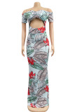 Red Sexy Off The Shoulder Short Sleeves One word collar Swagger Floor-Length Print Patchwork Colouring hollow out Dresses