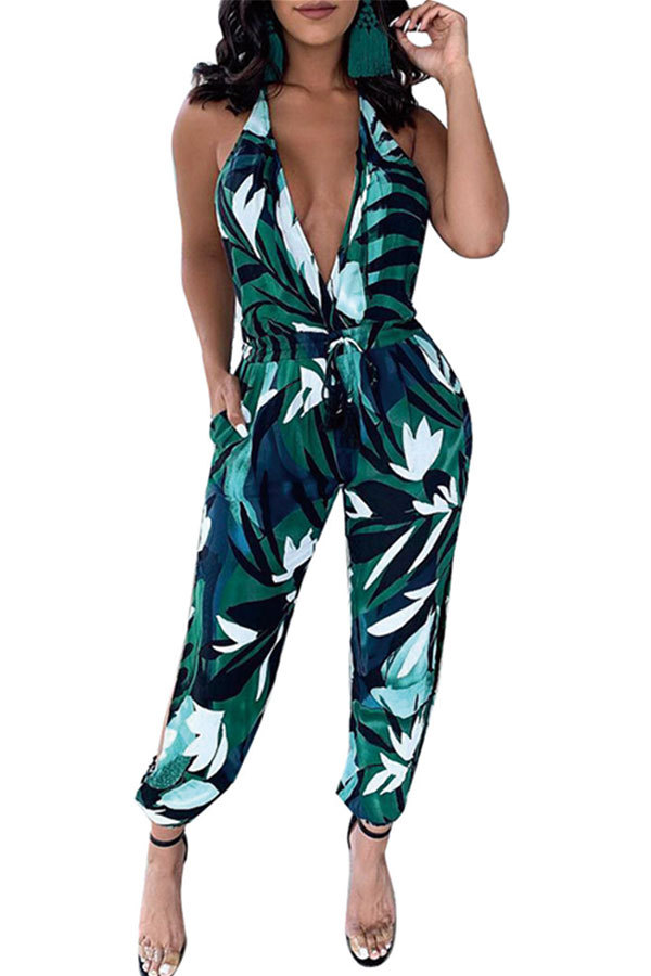 Green Sexy Fashion Backless Patchwork Print Sleeveless Slip V Neck Jumpsuits