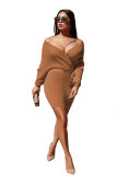 Coffee Sexy Off The Shoulder Long Sleeves V Neck Hip skirt skirt Solid Long Sleeve Dresses
