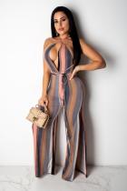 Multi-color Casual Fashion bandage Striped Asymmetrical Polyester Sleeveless Asymmetrical Collar  Jumpsuits