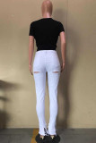 Light Blue White Button Fly Mid Patchwork Solid Split Hole washing Old Boot Cut Pants Bottoms