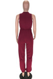 Wine Red Sexy Solid Blend Sleeveless Jumpsuits