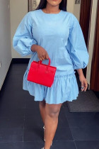 Light Blue Fashion Ma'am Ruffled Sleeve O neck A leaf skirt Knee-Length Solid ruffle Dresses