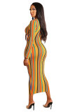 Yellow Sexy Fashion Cap Sleeve Long Sleeves V Neck Pencil Dress Ankle-Length Patchwork Striped Club Dresse