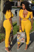 Yellow Polyester Zipper Fly Short Sleeve Solid pencil Pants  Two-piece suit