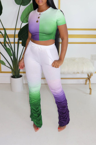 Purple and green Casual Gradient Regular Short Sleeve Two Pieces