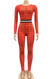 rose red Fashion Sexy Print Long Sleeve O Neck Jumpsuits